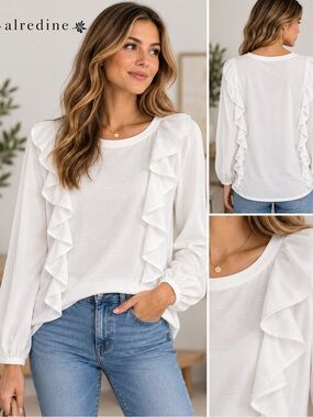 Alredine White Ruffle Front Long Sleeve Blouse Size Large NWT